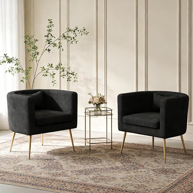 Velvet Accent Chair Modern Barrel Armchair with Lumbar Pillow &amp Gold Legs Upholstered Club Chairs for Living Room/Bedroom/Guest Reception Black