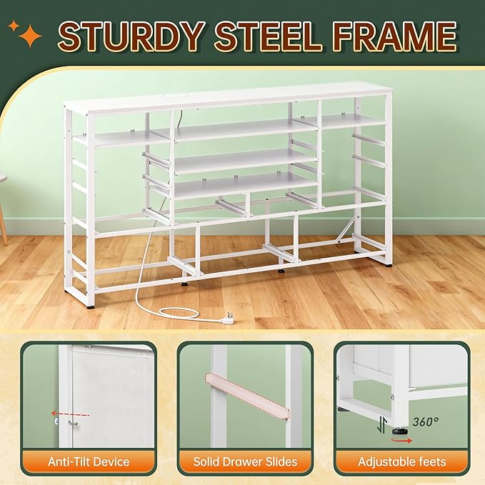 White TV Stand for 55 60 65 inch TV Entertainment Center with LED Lights &amp Charging Station TV Media Console Table with 15 Fabric Drawers and Open Shelves for Living Room Hallway