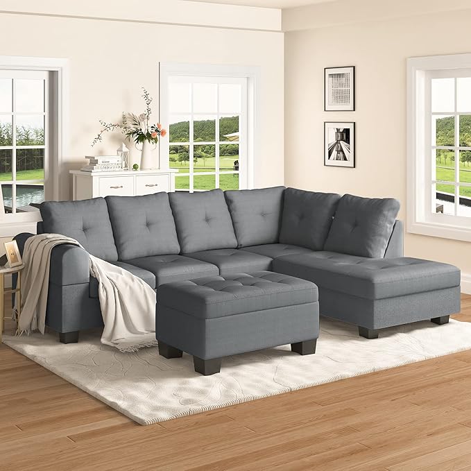 AWQM Upholstered L-Shape Modular Sectional Sofa Set with Storage Ottoman &amp Chaise Light Grey Fabric Living Room Furniture Comfy Oversized Corner Sofa Couch