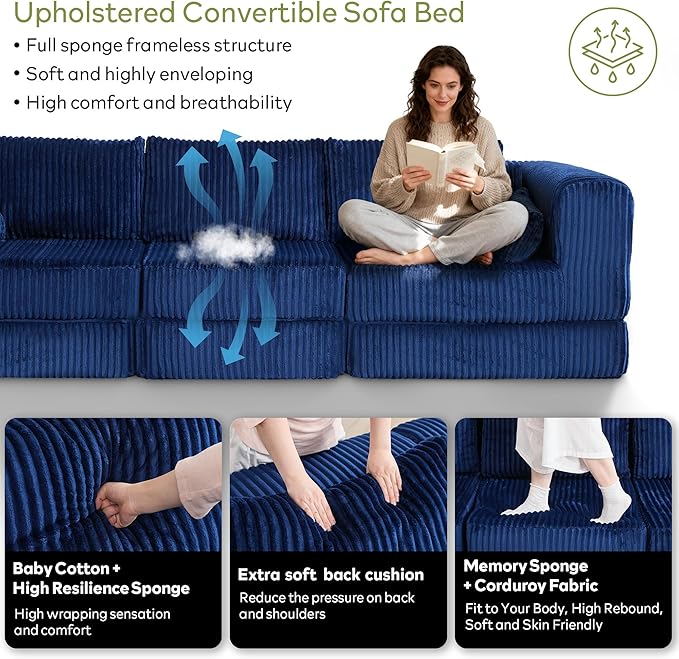 STHOUYN 106 Corduroy Folding Convertible Sleeper Sofa Bed Blue Pull Out Floor Modular Couch with Pillow Memory Foam Boneless Couchs Sectional for Living Room Bedroom (3 Navy Blue)