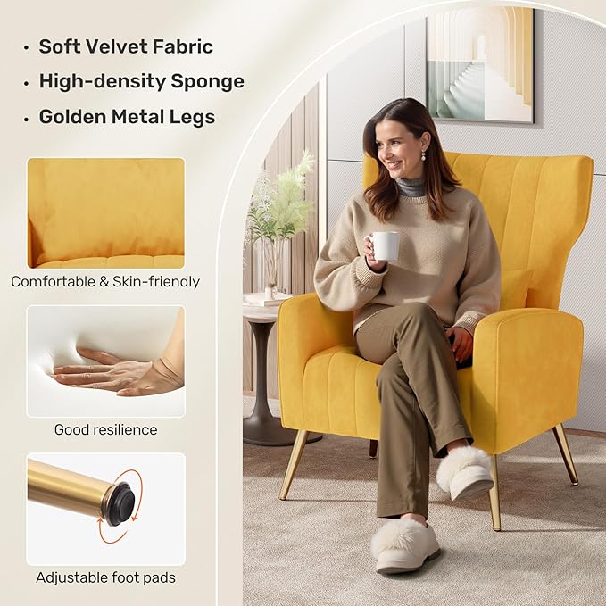 Nalupatio Modern Accent Chairs for Set of 2 Upholstered Velvet Fabric Reading Chair Mid Century Arm Chair Comfy Armchair for Living RoomYellow
