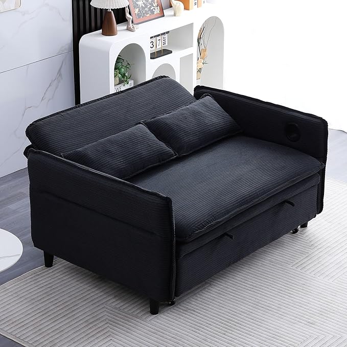 3 in 1 Convertible Sleeper Sofa Bed Loveseat Sleeper 65” Pull Out Couch Adjustable Armrest and Backrest with 2 Pillows for Living Room Bedroom (Black)