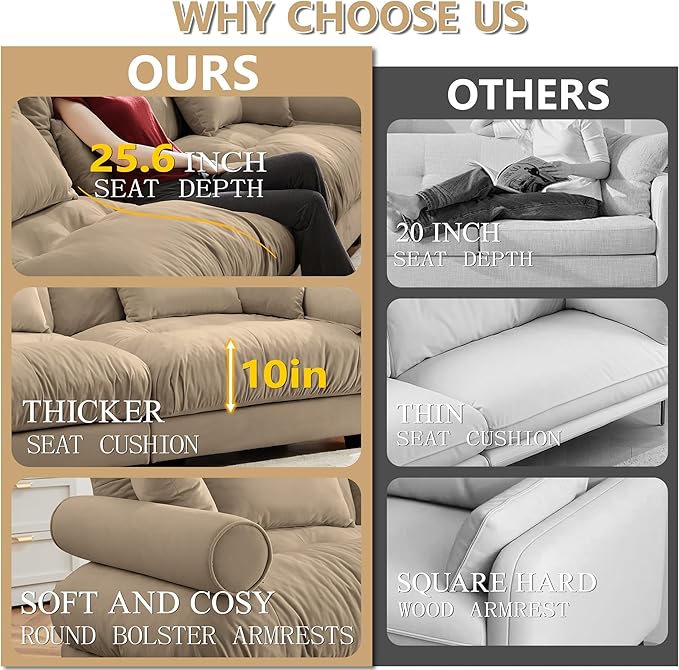 Oversized L Shaped Sectional Sofa 3 Seater Modular Velvet Cloud Couch with Ottoman Large Fluffy Couch Set for Living Room Camel
