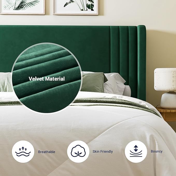 Allewie Full Size Velvet Platform Bed Frame with Vertical Tufted Wingback Headboard Easy Assembly Under Bed Storage No Box Spring Required Modern Style Green