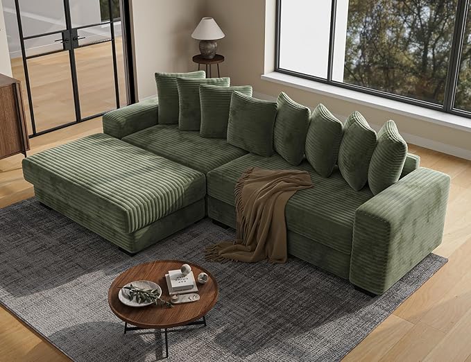 110 Modular Sectional Sofa L Shaped Couch with Chaise Lounge Fluffy Corduroy Cloud Couch with Deep Seat for Living Room (Green)