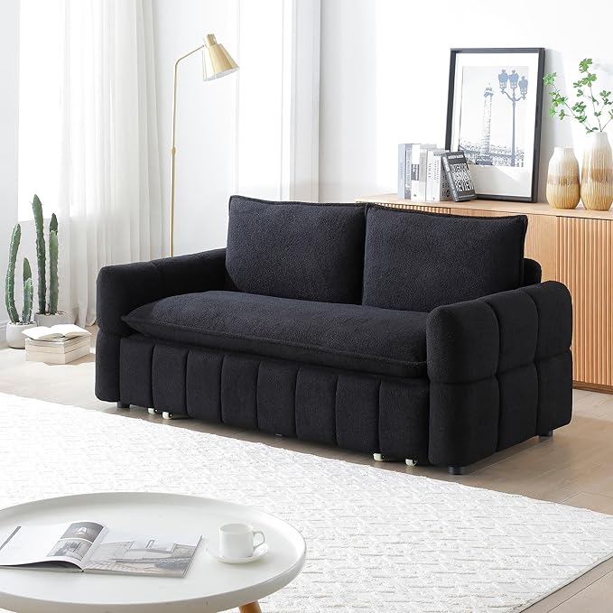 Black Convertible Sleeper Sofa Couch Full Size 3-in-1 Pull Out Sofa Bed for Living Room Small Space Loveseat for Home Office Bedroom Apartment