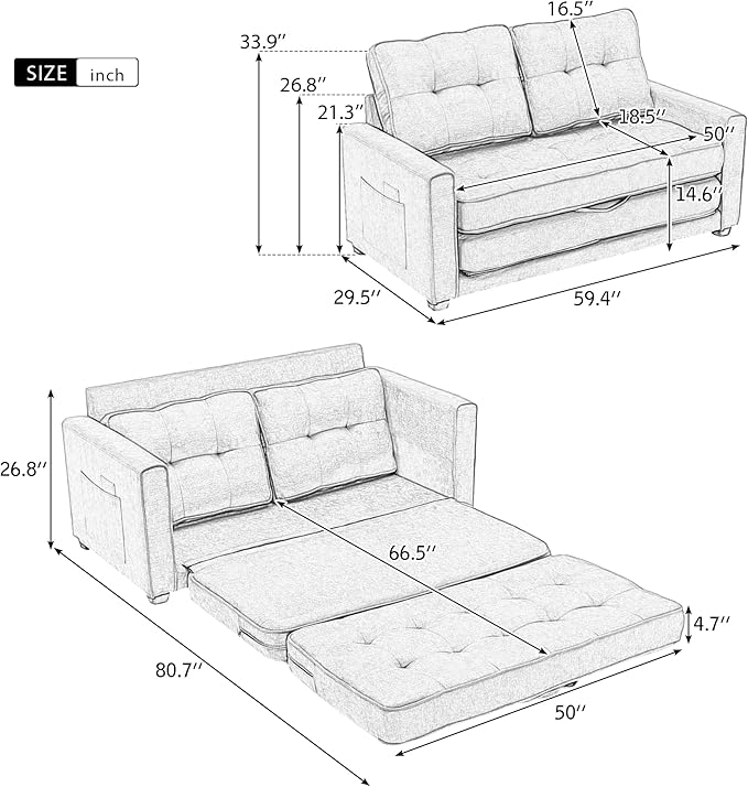 ERYE 3 Fold Tufted Upholstered Futon Sofa Bed Modern Convertible Foldable Floor Loveseat Sofabed with Pull Out Sleeper Couch Daybed W/Side Pockets for Living Room