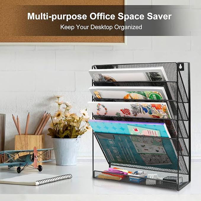 EasyPAG 5 Tier Wall File Holder Mesh Hanging Folder Organizer with Classify Label Versatile Desk File Holder Vertical Wall Mounted Mail Organizer for Office Home Cubicle Black