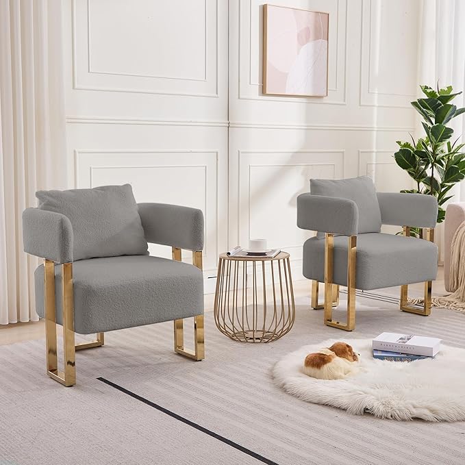 YITAI Modern Accent Chairs no Wheels Living Room Side Chairs Set of 2 with Golden Metal Legs Barrel Soft Teddyt Upholstered Reading Armchairs for OfficeReception RoomBedroomLoungeGrey