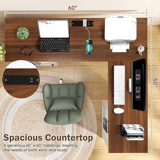 60 L Shaped Executive Desk with Drawers Farmhouse Home Office Desk with Charging Station Wood Computer Corner Desk with File Storage Cabinet for Home Office Work and Study (White)