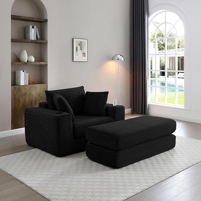 KEIKI 52.4 Oversized Boneless Chaise Lounge Chair with Ottoman Modular 3-in-1 Sofa Bed for Reading Sleeper Couch Chairs for Living Room Black