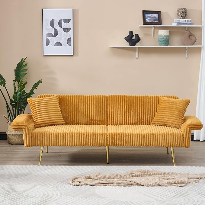 79 Corduroy Futon Sofa Bed Small Couch Loveseat Convertible Futon Sleeper Sofa with Folding Armrests and 2 Pillows Modern Couch for Living Room Bedroom Yellow