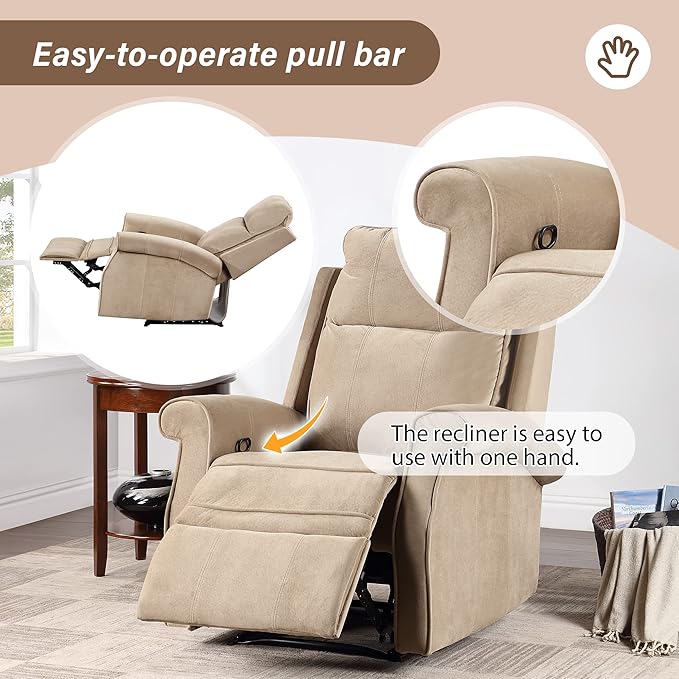 Oversize Modern Upholstered Lounge Single Sofa Manul Recliner Chair with Soft Durable Fabric and Overstuffed Armrests with Tall Neck Support for Living RoomHoney