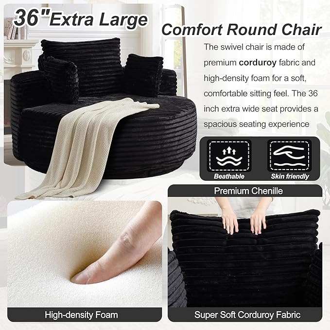 55 Oversized 360 Degree Swivel Chair Modern Round Chair Lounge Upholstered Corduroy Swivel Accent Chair with Deep Seat Comfy Fluffy Sleeper Sofa for Living Room Bedroom Apartment (Black)