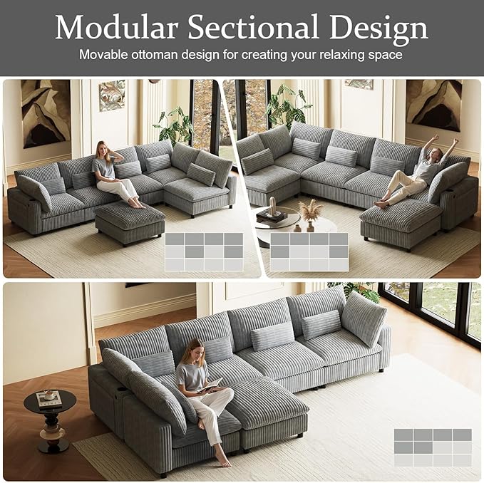 130 Oversized Cloud Couch Large Modular Sectional Sofa Modern U Shaped Sectional Couch 6 Deep Seat Sofa Set for Living Room Comfy Plush Corduroy Cloud Sofa with Ottoman USB Port Cup Holder Gray