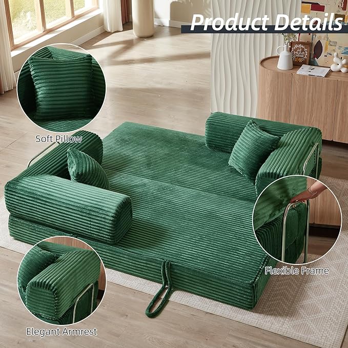 81 Inch Convertible Folding Sofa BedFold Out Floor Sofa Couch with Fixed-Shape FrameCorduroy Foldable Mattress Cloud Couch for Living Room Bedroom (Green)
