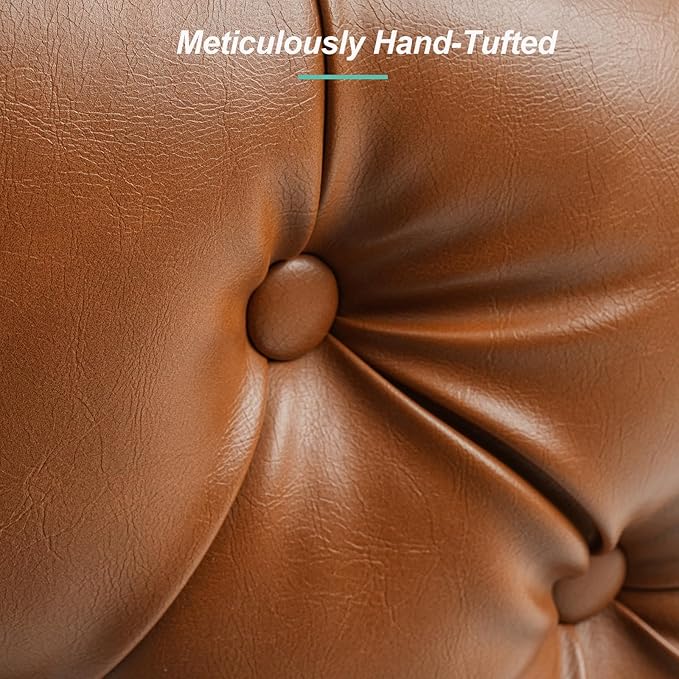 Brown Leather Barrel Swivel Chair Modern PU Accent Chair 360° Rotating with Tufted Back for Living Room Bedroom Office with Removable Cushion Mid-Century Modern Club Seating