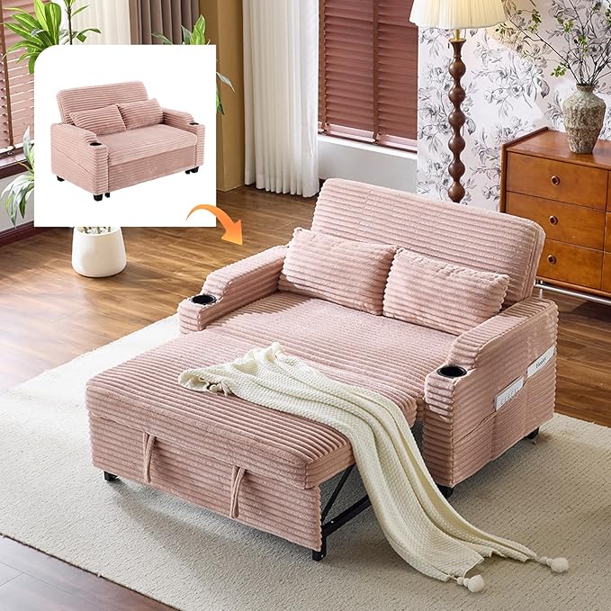 VINGLI Pink Futon Sofa Bed Convertible Loveseat Sleeper Sofa Couch Corduroy Pullout Sofa Fold Out Couch Bed with USB Ports Cup Holders Armrest for Living Room Bedroom Apartment Room | Loveseat Sle