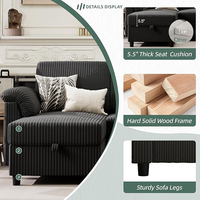 Vongrasig Convertible Sectional Couches 3 Seat L Shaped Couch Sofa with Removable Pillows Soft Corduroy Fabric Small Couch Mid Century for Living Room Apartment and Office Black