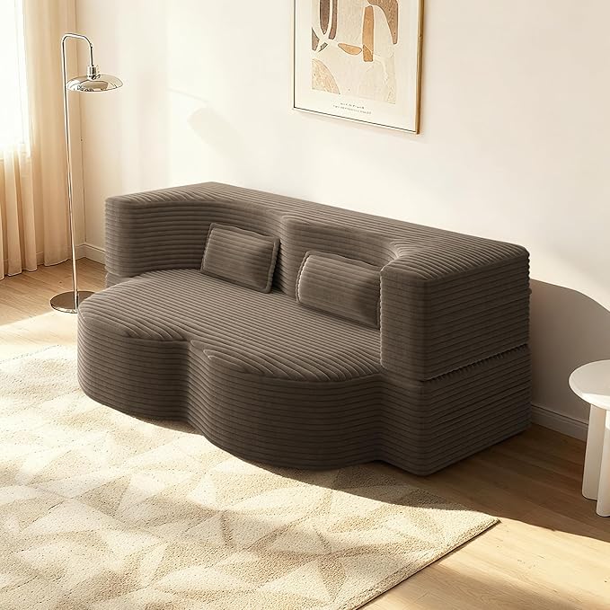 78 Convertible Sofa Bed 2-in-1 Folding Floor Couch with 2 Pillows Sleeper Sofa for Living Room and Bedroom No Assembly Required (Coffee Brown Corduroy Fabric)
