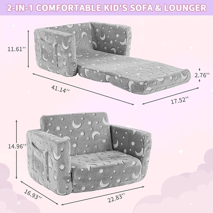 2 in 1 Glow in The Flannel Foldable Sofa BedAll-Sponge Single Chaise Lounge SofasComfy Convertible Sofa to BedPortable Floor Chair Bedswith Armrestfor Living Room Bedroom Apartment (Light Grey)