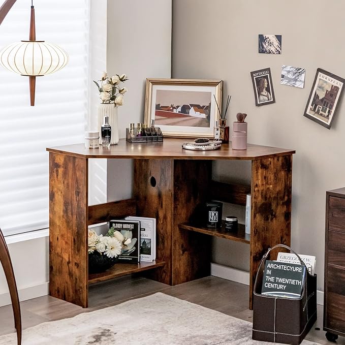 COSTWAY Corner Computer Desk Space-Saving Triangular Writing Desk w/ 2 Storage Shelves &amp 2 Cable Holes Multi-Functional Console Table for Small Space in Home Office Living Room Bedroom (Coffee