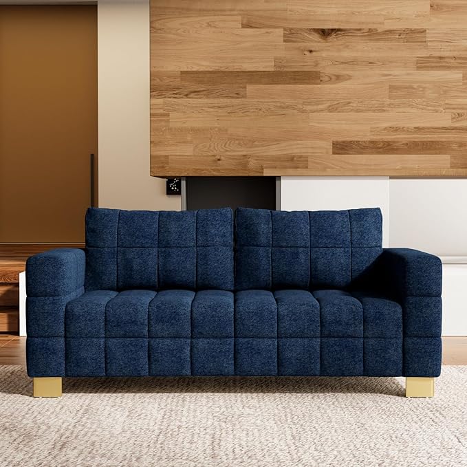 81.89 Sofa Comfy 3 Seat Sofa Tufted Chenille Upholstered Sofa Couch for Living Room with Gold Metal Legs and 2 Throw Pillows (Blue（3+3）)