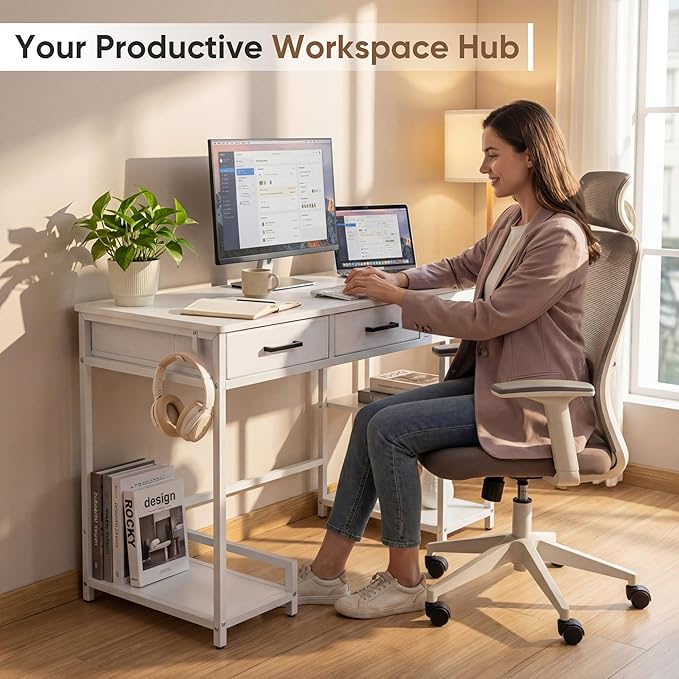 Shahoo Home Office Computer Desk with Drawers &amp Storage Shelves 47.2 Modern Writing Table White