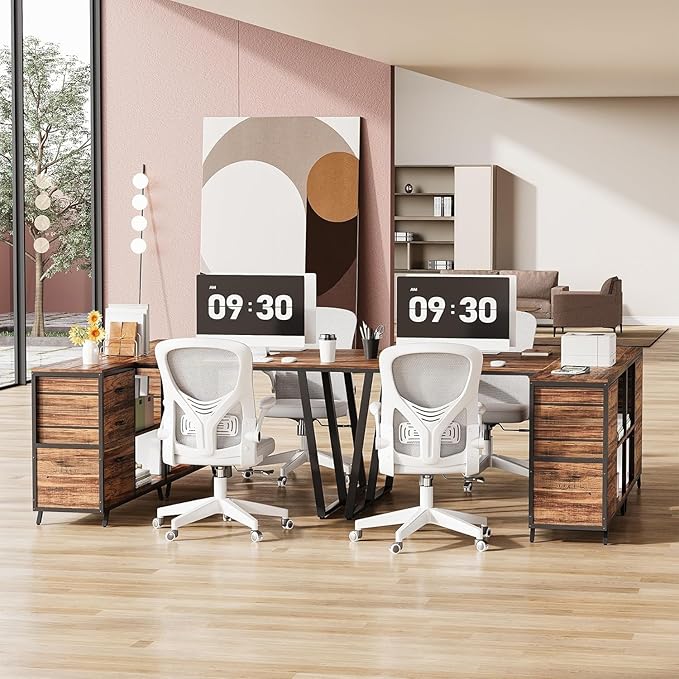 LITTLE TREE Reversible 53-inch L Shaped Desk with 3 Drawer Farmhouse Corner Desk Gaming Table with Shelves and File Cabinet for Letter Size &amp Legal Size File for Home Office and Small Space Brow