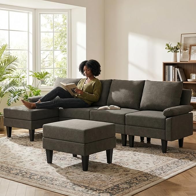 4-Seat U-Shaped Modular Sofa with Double Storage Ottoman - Space-Saving Convertible Lounge Couch for Home &amp Office Brown Grey