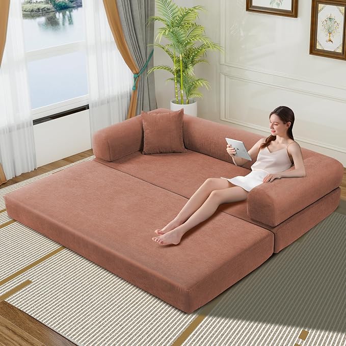KBQ 3-Seat Convertible Sleeper Sofa Bed with 2 Pillows Corduroy Folding Mattress Couch Floor Sofa Lounge Couch for Living Room Bedroom Lounge Studio Pink