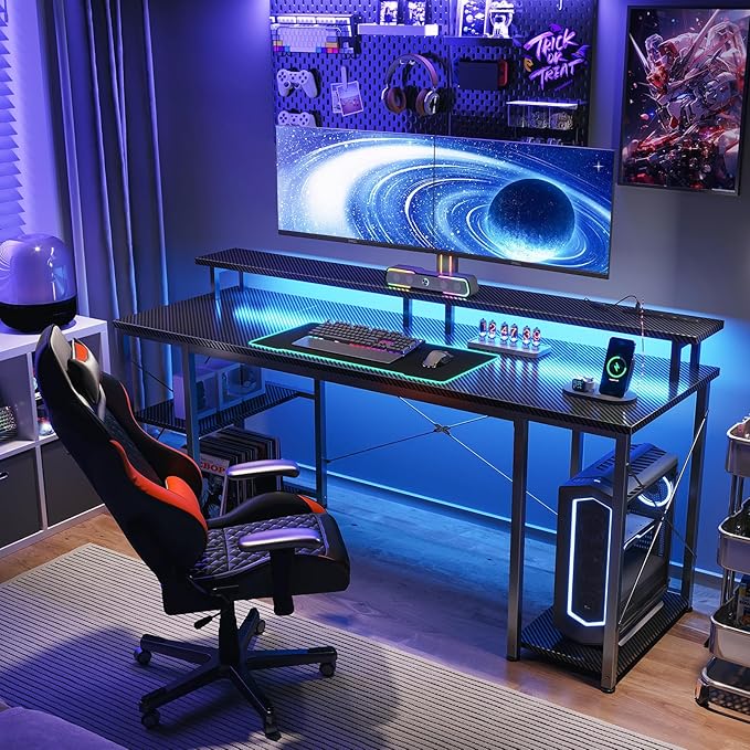 ODK 63 inch Computer Desk with Power Outlets &amp LED Lights Gaming Desk with Monitor Stand &amp Storage Sheves Home Office Desk Carbon Fiber Black