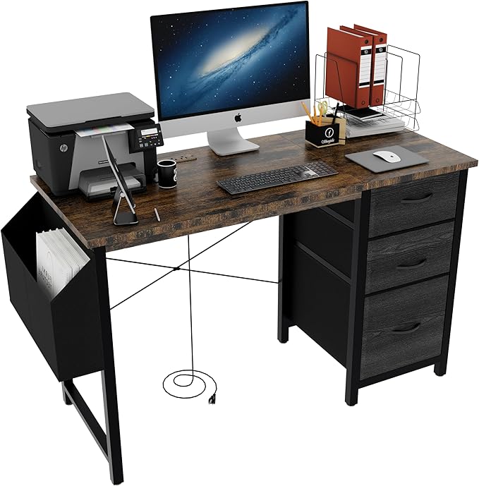 47.3 Office Desk with Power Outlet3drawers and Side Pocket Easy to Assemblee Stability Reversible for Home Office StudyRustic Brown