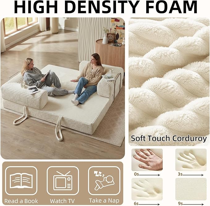 81 Inch Convertible Folding Sofa BedFold Out Floor Sofa Couch with Fixed-Shape FrameCorduroy Foldable Mattress Cloud Couch for Living Room Bedroom (Off White)