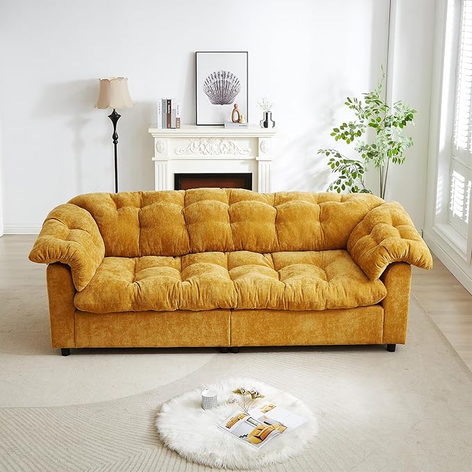 3-Seater Couch 94.8 inch Oversized Modern Comfy Tufted Chenille Fabric Cloud Fluffy Foam Deep Seat Soft Loveseat Sofa Couch for Living Room Bedroom Office Yellow