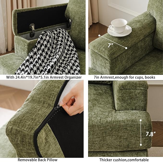 Oversized Accent Chair with Armrest OrganizerComfy Living Room Chairs with Thick CushionUpholstered Modern ArmchairBig Reading ChairSofa Chair for BedroomGreen