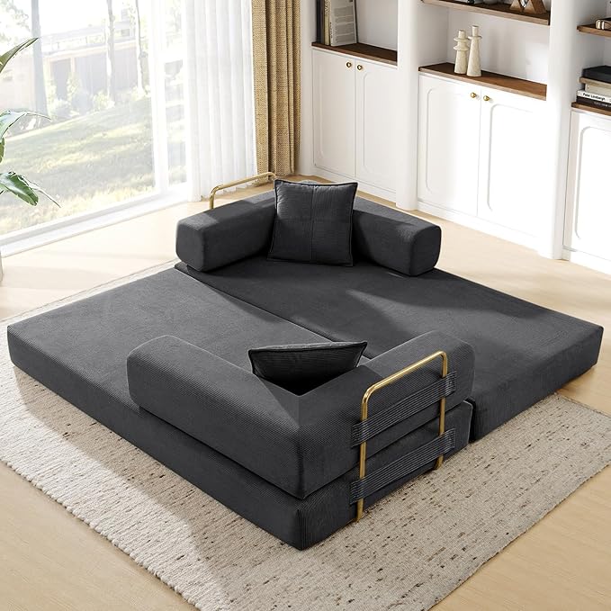 Convertible Folding Sofa Bed Corduroy Sleeper Mattress Couch with Fixed-Shape Frame Free Combination Loveseat Lounge Floor Sofa Queen Size Memory Foam Couch for Living Room Bedroom Dark Grey