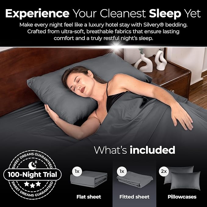 Silvery Silver Infused Bed Sheets Set - Ultra-Soft Temperature-Regulating Fabric with Self-Cleaning Technology™ That Stays Fresh 3X Longer for Hygienic Sleep