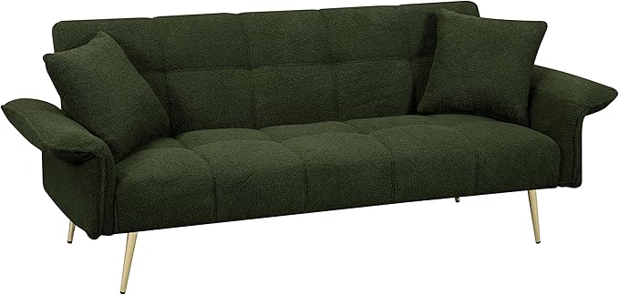 Convertible Sofa Bed Futon Couch Bed with Adjustable Arms and Backrest Modern Love Sofa with Gold Metal Legs for Living Room Bedroom (Teddy Fabric in Green 70.1 Wx31.1 Dx31.5 H)