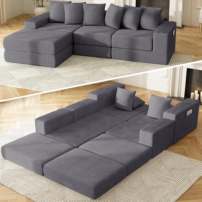 102 Sectional Couches for Living RoomCustomizable Boneless Couch Convertible Modular Sectional Sofa Bed Plush Corduory Sleeper Sofa Folding Futon L Shaped Couch No Assembly(Grey)