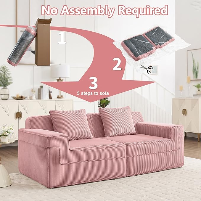 Loveseat Boneless Sofa Couches for Living Room-81 Pink 2 Seater Cloud Couch-No Assembly Required Modular Corduroy Full Sponge Compression Sofas for House Apartment