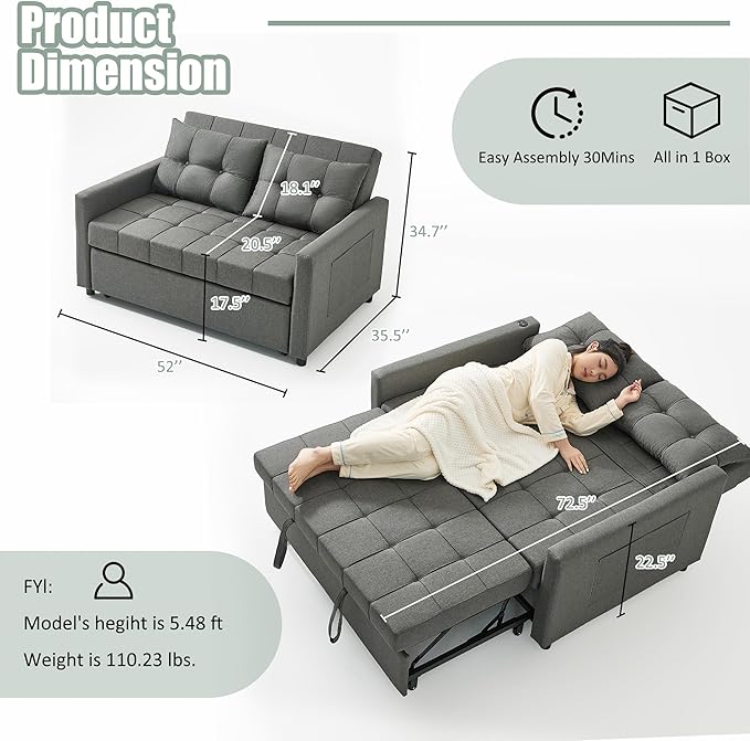 52 Sleeper Sofa with Pull-Out Bed 3-in-1 Convertible Sofa Bed Set of Loveseat with Stepless Adjustable Backrest and Side Pocket for Living Room Dorm Apartment Linen Dark Gray