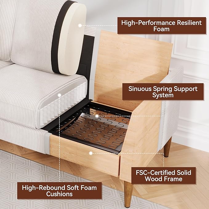 Vipbear 88 Loveseat Sofa - Cream White Comfy Corduroy with Spring Cushion Solid Wood Frame Modern Deep Seat Bedroom &amp Living Room Office Couch