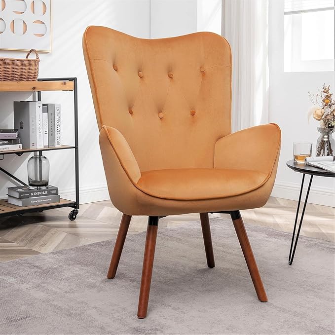 Chic Accent Arm Chairs for Living Room Bedroom or Home Office Button-Tufted Midcentury Armchair with Wingback Design and Splayed Legs Mustard Yellow