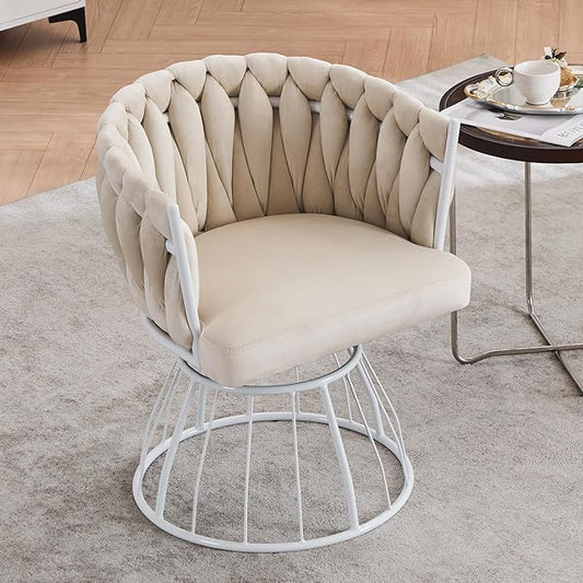 Mistpeople Swivel Weave Accent Chair Velour Upholstered Modern Chair with Woven Tufted Backrest for Living Room Bedroom Vanity Beige