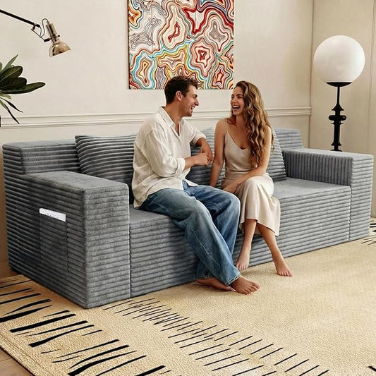 71 Cloud Loveseat SofaBoneless Deep Seat 2-Seater with 3 Pillows&ampSide PocketNo Assembly Foam Floor CouchPlush Corduroy Living Room Sofa for Small Space Apartment(Flat HandrailLight Grey)