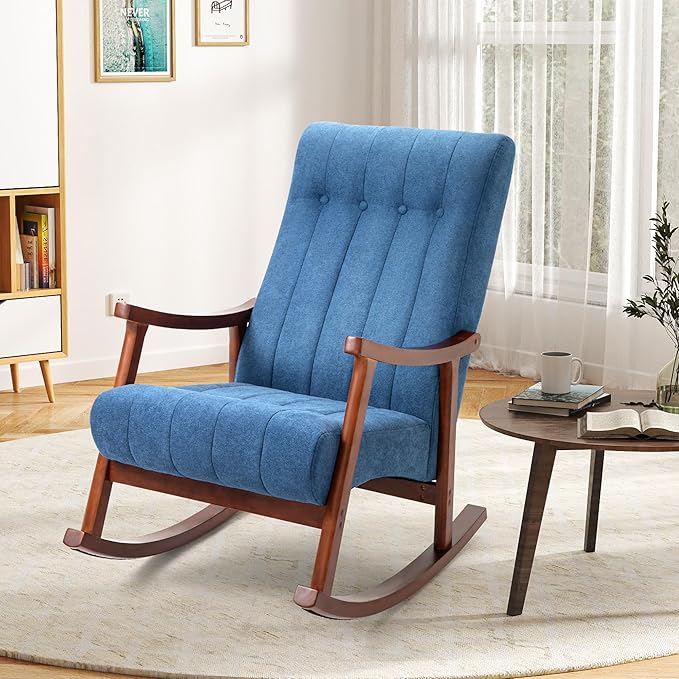 AVAWING Upholstered Rocking Chair with Fabric Padded Seat Comfortable Rocker Solid Wood for Living Room Modern High Back Armchair for Adult (Blue)