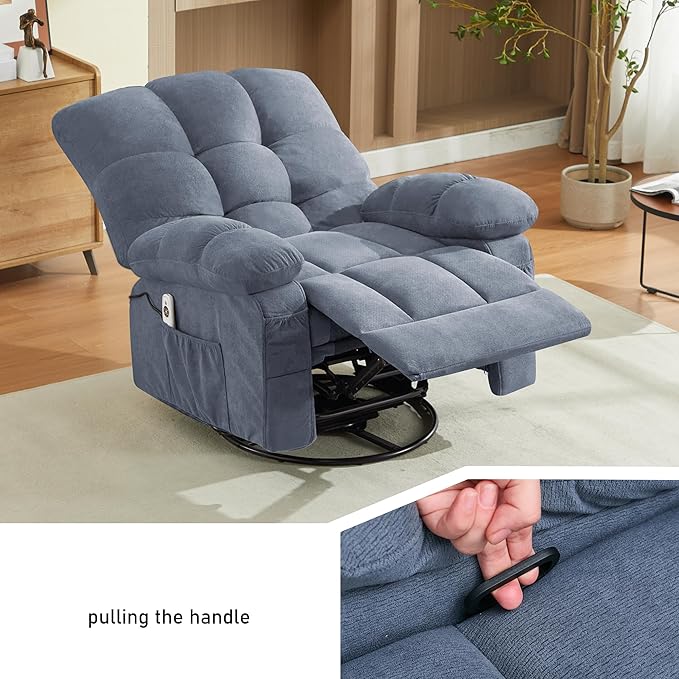Swivel Recliner Chair for AdultsOversized Rocker Recliner with Vibration Massage and Lumbar HeatErgonomic Rocking Chair with Side PocketUSB Charge Port for Living Room