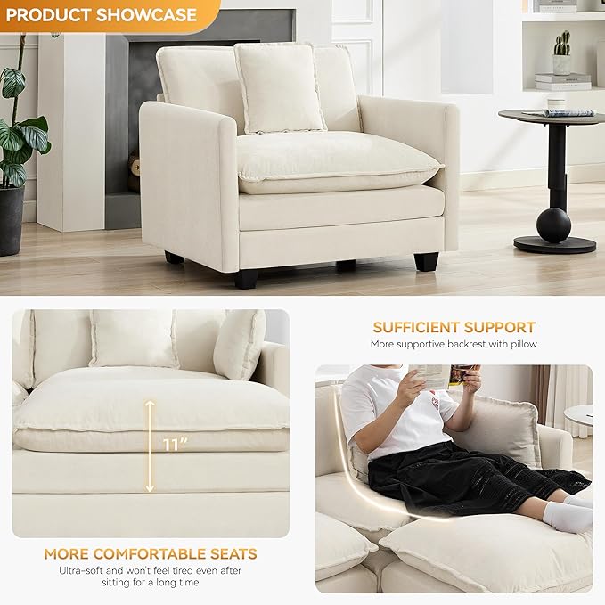 41'' Modern Chenille Oversized Chair Upholstered Accent Living Room Chair with Extra Thicked Deep Seat Single Lounge Chair for Bedroom Small Apartment Beige