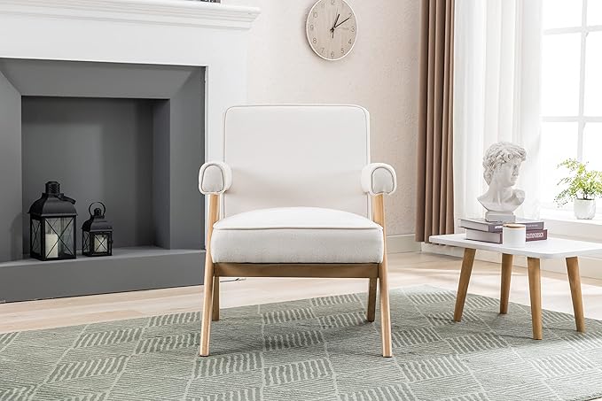 Generic Leisure Chair with Solid Wood Armrest and Feet Mid Century Modern Accent Chair for Living Room Bedroom Studio Chair Beige